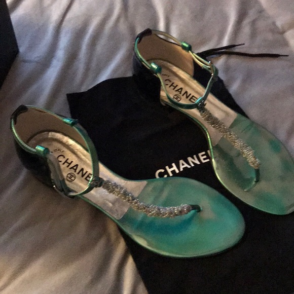 Chanel Sandal Hand Beaded Black Silver and Teal - Picture 1 of 8